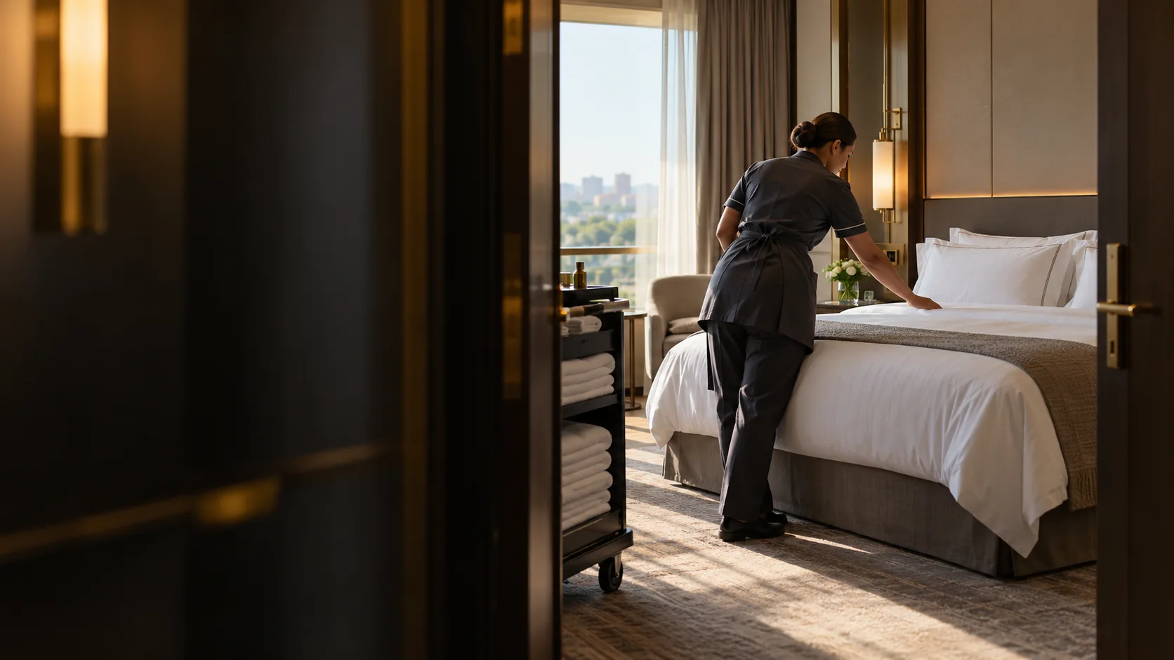 Profissional de governança cuidando da arrumação de um quarto de hotel. Cena ilustrativa.